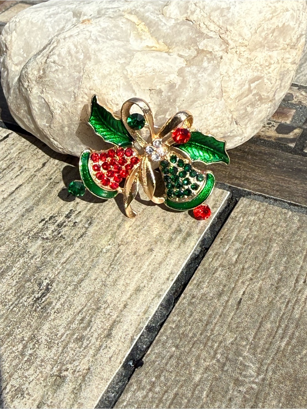 NWT Festive Red & Green Holly Bell Brooch with Gold Bow
